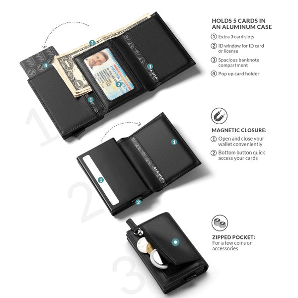VC203P- Genuine Leather, Back Zipper Slot, Magnetic Strip Closure Tri-fold Wallet